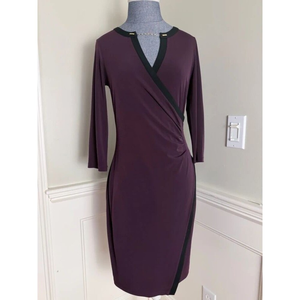 Calvin Klein Purple Black Trim Wrap Midi Dress Size 4